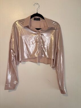 Stelios Koudounaris Sheer Metallic Cropped Button-Up Blouse Pink Iridescent Size